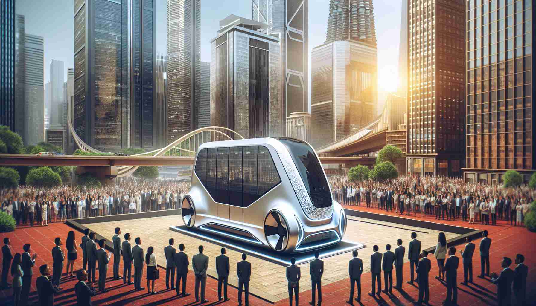 Generate a realistic high-definition image of a futuristic autonomous shuttle, unveiled amidst urban scenery. The shuttle design embodies revolution in transportation technology. Display the shuttle as a sleek, cutting-edge vehicle, equipped with various automated features and strong enough to endure the vigors of city transportation. It stands out against the backdrop of a bustling city with tall skyscrapers, buzzing with energy and life. The unveiling event brings together diverse onlookers, including South Asian male innovators and Black female engineers marveling at this feat of technological innovation.