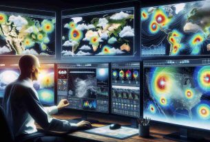 Generate a high-definition, realistic image representing the evolution of weather map design, showcasing advances in data visualization techniques. The image could depict a progression from traditional 2D weather maps on the left to sophisticated 3D models on the right, with enhanced features like cloud formations, temperature gradients, wind patterns and precipitation forecasts. The central focus could be an operator, a Caucasian male, interacting with these evolving technologies, using advanced software on multiple computer screens.