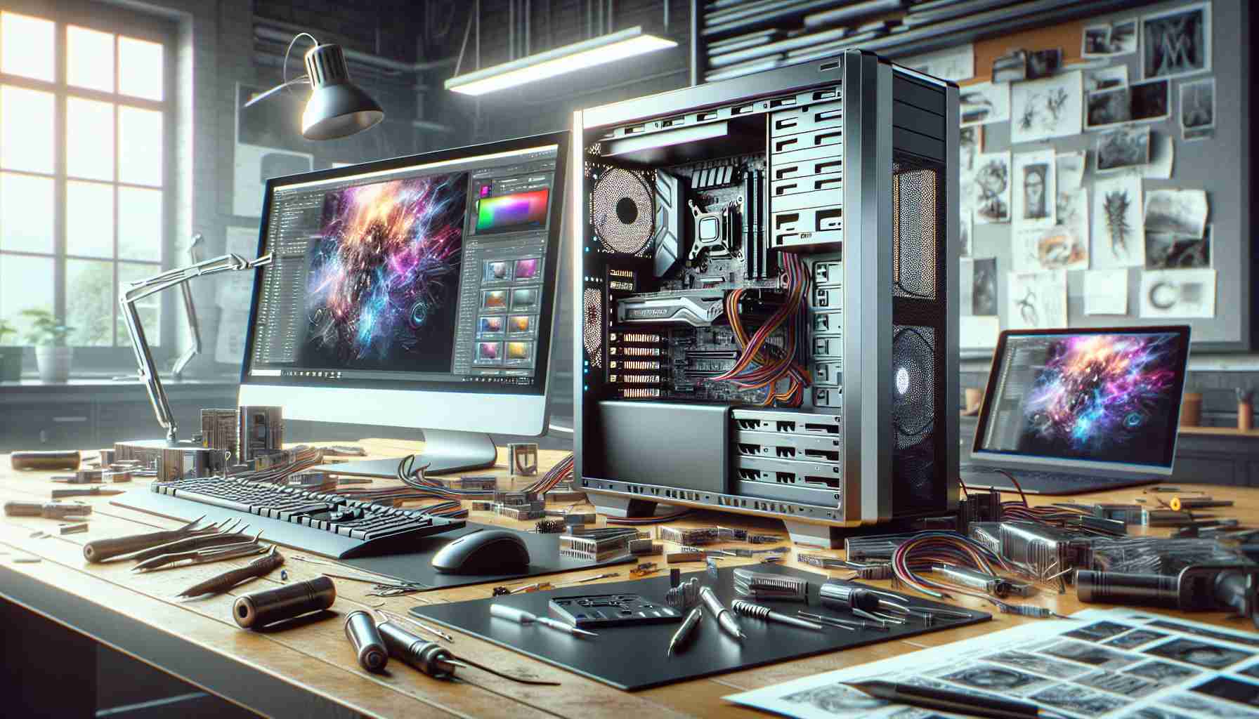 A high-definition, realistic image that depicts the process of upgrading an older model desktop computer. The scene should show a sleek, modern workspace with the computer's internal components visible against a backdrop of sleek monitors, scattered tools, and cords. The implication is that these upgrades will lead to improved creative experiences, so the surrounding area might also feature elements that reflect creativity, such as graphics editing software on the monitor, a drawing tablet, or design sketches scattered around. The color scheme should be a mix of metallic hues from the hardware's silver and black, but vibrant with creative software's colorful interfaces.