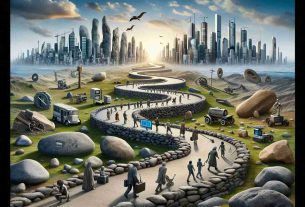 High-definition, realistic image representing the concept of 'Embracing Change: The Path to Technological Evolution'. Depict a winding path through a landscape symbolizing various eras of technology - from stone tools in the foreground, through the industrial revolution and the age of computers, to futuristic cityscapes in the distance. Include small figures of people of various genders and descents, each carrying representative devices of their era, showing humanity's journey and progress through the ages of technological development.