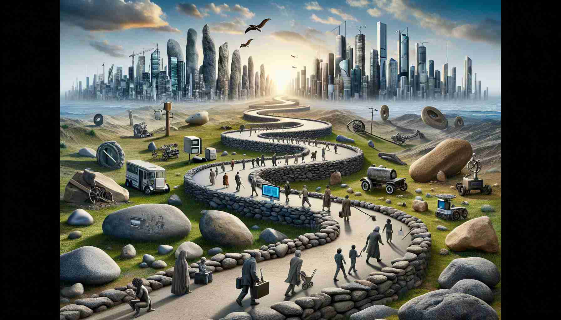 High-definition, realistic image representing the concept of 'Embracing Change: The Path to Technological Evolution'. Depict a winding path through a landscape symbolizing various eras of technology - from stone tools in the foreground, through the industrial revolution and the age of computers, to futuristic cityscapes in the distance. Include small figures of people of various genders and descents, each carrying representative devices of their era, showing humanity's journey and progress through the ages of technological development.