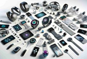 An image in high definition showcasing the future of wearable technology, represented by a hypothetical big-name tech company. The image includes an array of cutting-edge, futuristic wearable devices like smartwatches, smart glasses, fitness tracking devices, and immersive VR headsets. These products are spread out on a clean white background and demonstrate seamless integration of technology and fashion.