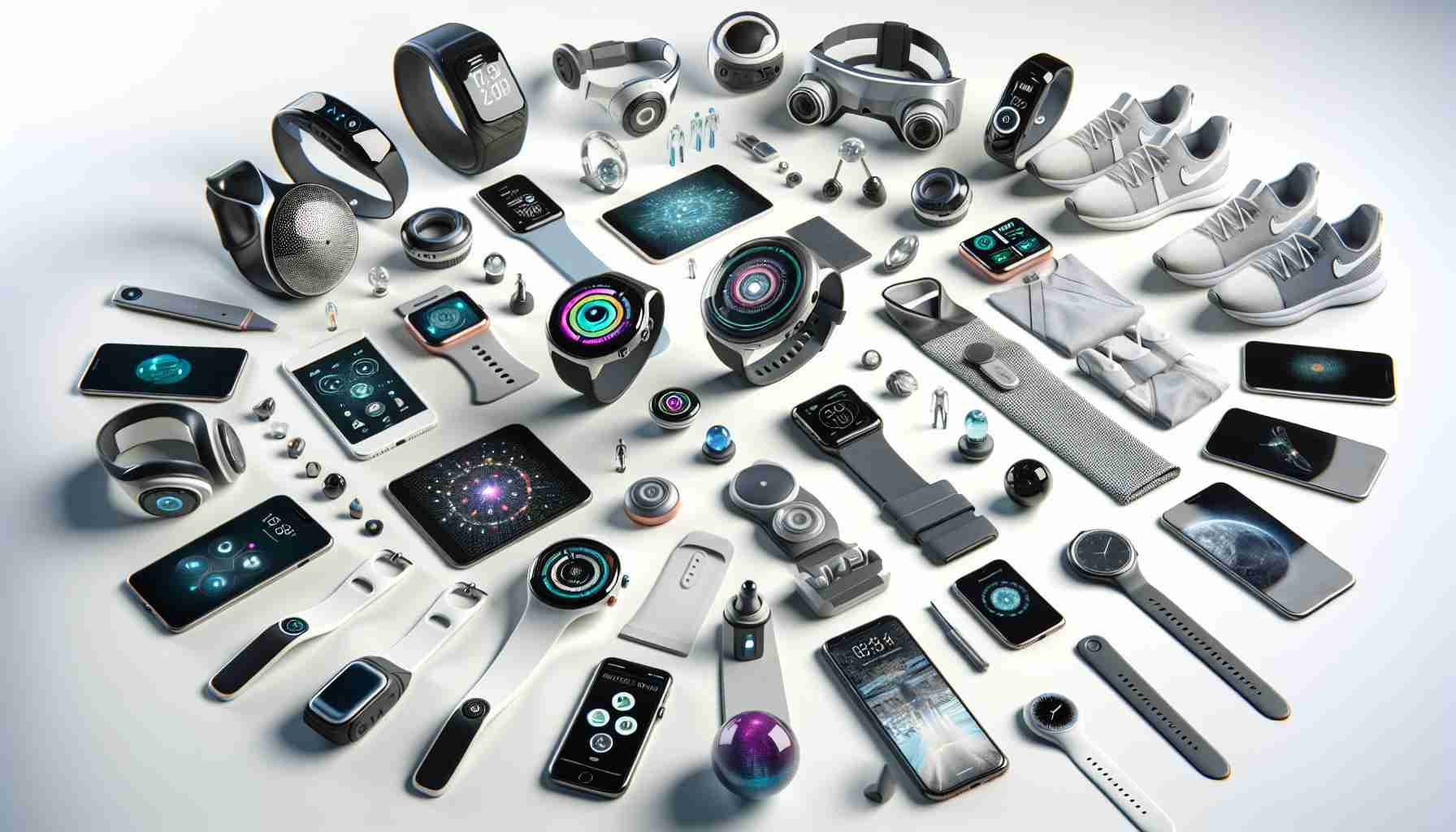 An image in high definition showcasing the future of wearable technology, represented by a hypothetical big-name tech company. The image includes an array of cutting-edge, futuristic wearable devices like smartwatches, smart glasses, fitness tracking devices, and immersive VR headsets. These products are spread out on a clean white background and demonstrate seamless integration of technology and fashion.