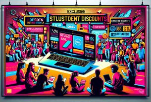 Generate an image portraying a promotional banner in high-definition quality. The banner showcases a laptop and highlights the theme of exclusive student discounts offered by a fictional tech company, not dissimilar to Dell. There are vibrant graphics, catchy phrases, and a clear representation of the proposed discounts. Nestled among the graphics are silhouettes of a diverse group of students from different descents such as Caucasian, Hispanic, Black, Middle-Eastern, and South Asian engaging in tech-related activities.