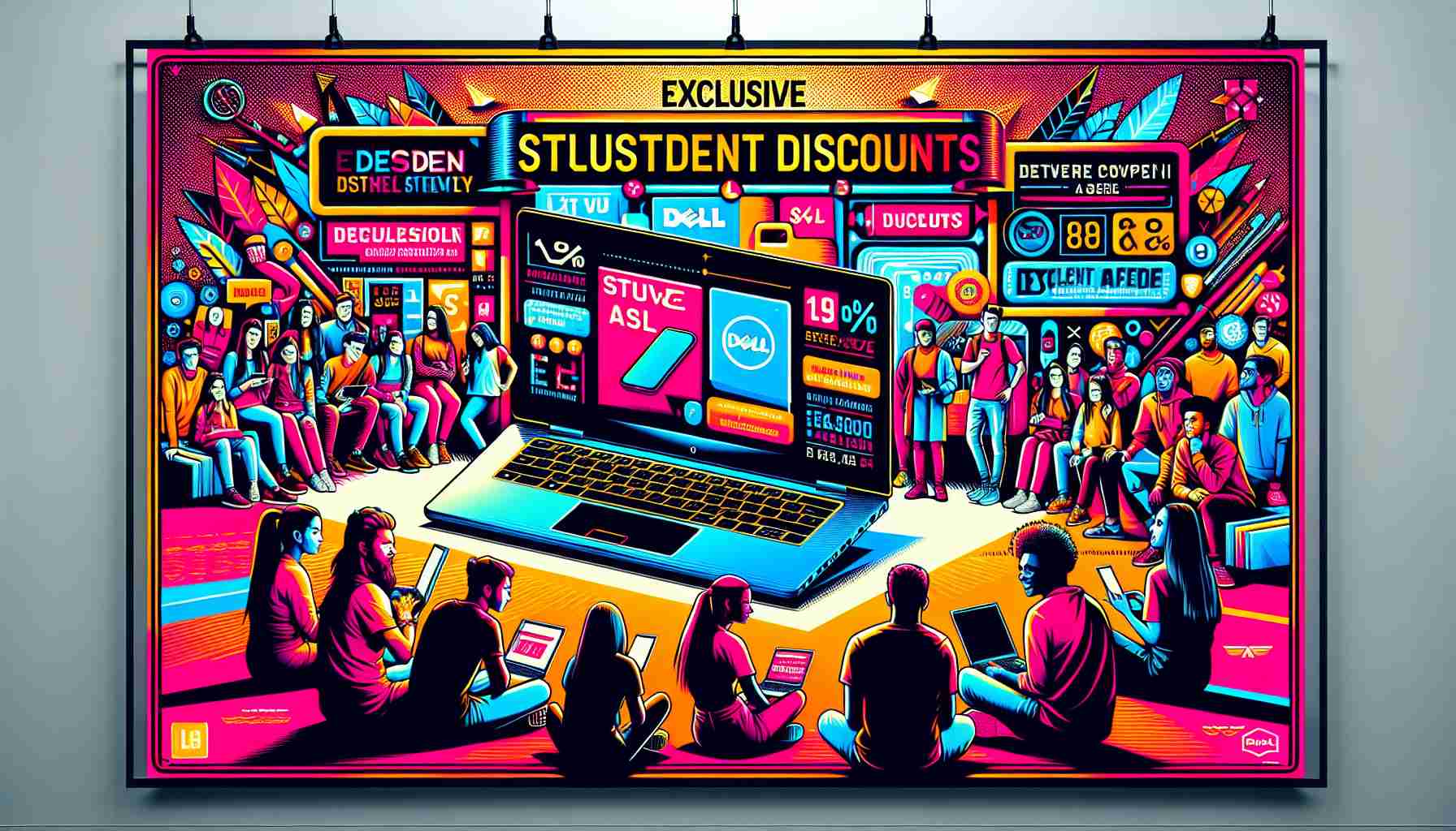 Generate an image portraying a promotional banner in high-definition quality. The banner showcases a laptop and highlights the theme of exclusive student discounts offered by a fictional tech company, not dissimilar to Dell. There are vibrant graphics, catchy phrases, and a clear representation of the proposed discounts. Nestled among the graphics are silhouettes of a diverse group of students from different descents such as Caucasian, Hispanic, Black, Middle-Eastern, and South Asian engaging in tech-related activities.