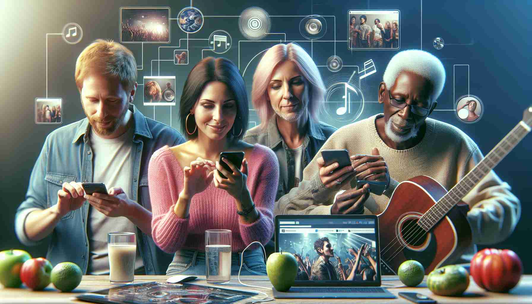 Generate a highly detailed and life-like image that represents the concept of exploring new music trends on various social media platforms. The scene should show a diverse group of people - a young Caucasian man, a middle-aged Hispanic woman, and an elderly black man - interactively using different devices (like a smartphone, tablet, and laptop) to discover new music. Each should be engaged with different elements typically associated with social media platforms - such as scrolling through a feed, engaging with a live music stream, and sharing a song link.