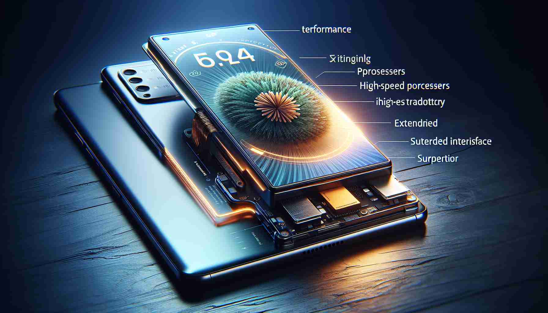 A realistic high-definition image showcasing latest development in a high-end smartphone's performance. The gadget embodies cutting-edge innovation with its sleek design, high-speed processors, extended battery life, and superior user interface. Visualize an aesthetically pleasing, advanced technological design inspired by popular modern smartphones.