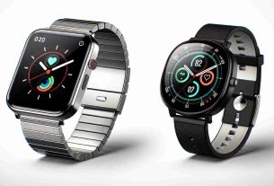 Create a high-definition realistic image that compares two smartwatches. One of them resembles the sleek and modern style of well-known smartwatches, with a square-shaped touch screen and metallic band, which we'll call 'Smartwatch X'. The second one, referred to as 'FitWatch Y', has a round display, with fitness tracking capabilities and a robust sturdy design, similar to a sports-centric watch.