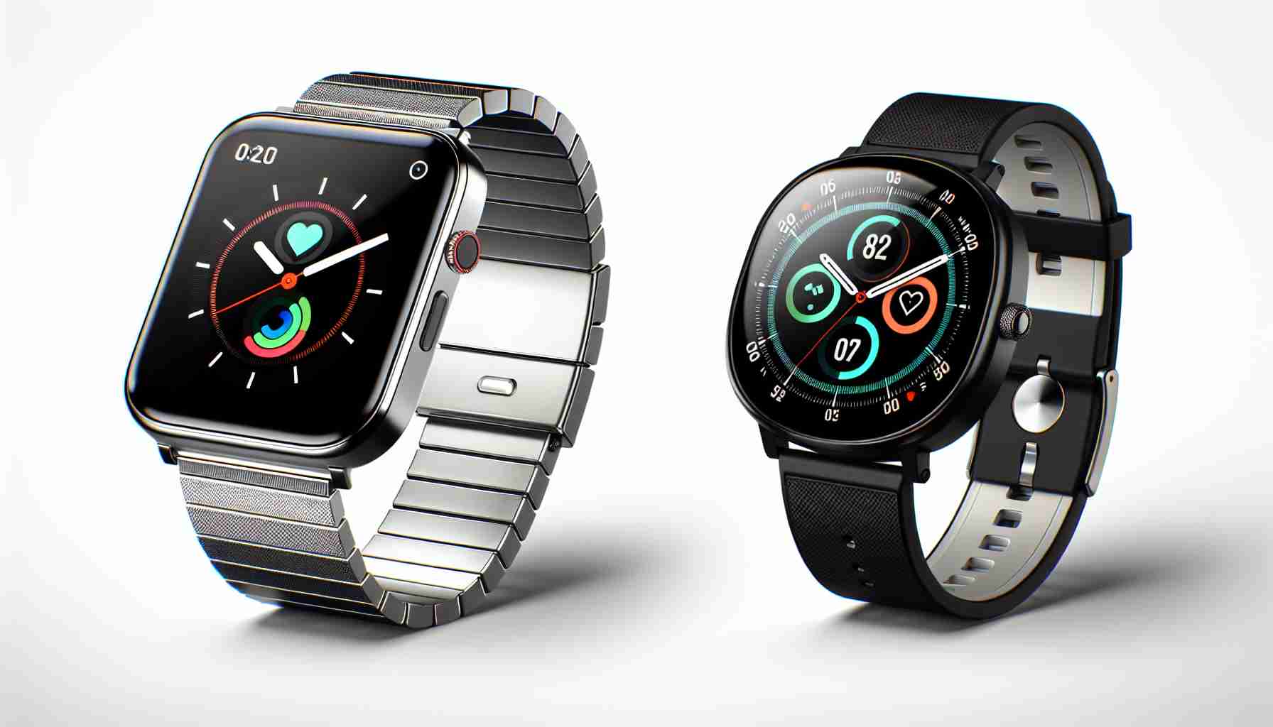 Create a high-definition realistic image that compares two smartwatches. One of them resembles the sleek and modern style of well-known smartwatches, with a square-shaped touch screen and metallic band, which we'll call 'Smartwatch X'. The second one, referred to as 'FitWatch Y', has a round display, with fitness tracking capabilities and a robust sturdy design, similar to a sports-centric watch.