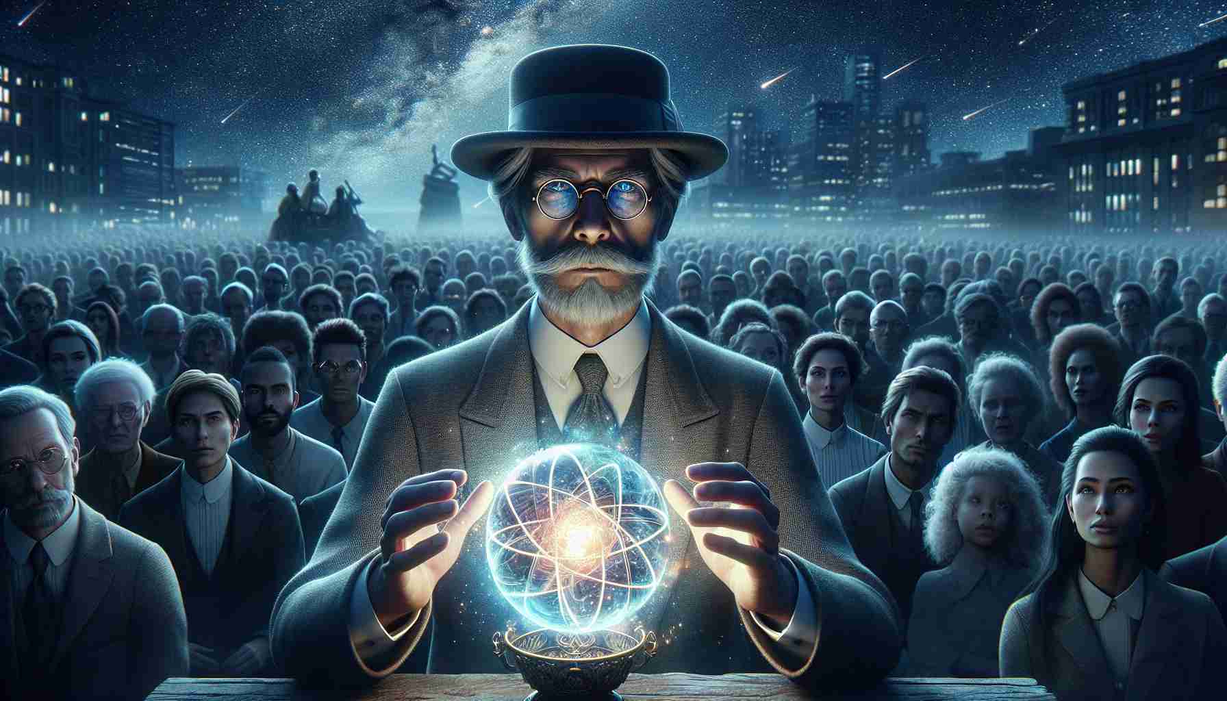 A high definition, realistic image displaying an unconventional innovation being unveiled by a visionary figure. This individual is shown as an older, well-dressed man with spectacles, radiating wisdom through his intense gaze. He holds an artifact in his hands, the centerpiece of the innovation, that shimmers with an almost otherworldly light. The surroundings capture the awe and anticipation of the event, with a crowd of diverse people from different descents and genders watching in rapt attention. The night sky forms a stunning backdrop, peppered with stars that seem to twinkle in approval of the groundbreaking innovation.