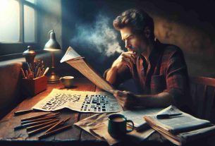 Generate a highly detailed, realistic image of a tranquil moment in a cozy room. The primary focus should be an adult Caucasian male with a thoughtful expression, engrossed in solving a crossword puzzle. He's seated at an antique wooden desk, scattered with an assortment of pens and mugs of steaming coffee. Soft evening light filters through a nearby window, illuminating the crisp newspaper crossword in front of him and creating a warm, inviting atmosphere. This scene represents the joy and peace that comes with indulging in a hobby like solving crossword puzzles.