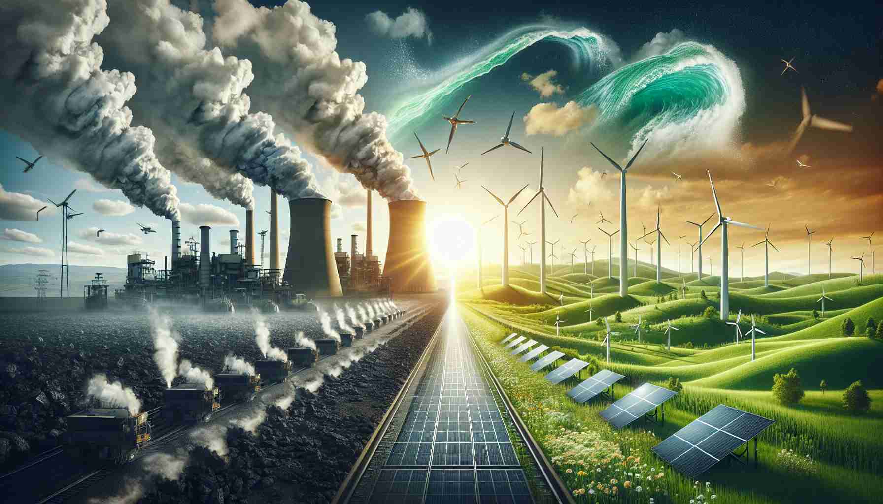 Create a highly detailed and realistic high-definition visual representation of the concept 'Fueling Change: A Brighter Future for Energy'. The scene illustrates a transition from an old, polluting energy source on the left to a clean, renewed, sustainable power source on the right. Include imagery of old coal power plants with dark smoke emerging from their smokestacks on the left side. In contrast, place sprawling green fields with wind turbines spinning gently, solar panels absorbing the sunlight, and wave energy converters in action on the right side, symbolizing the future of energy.