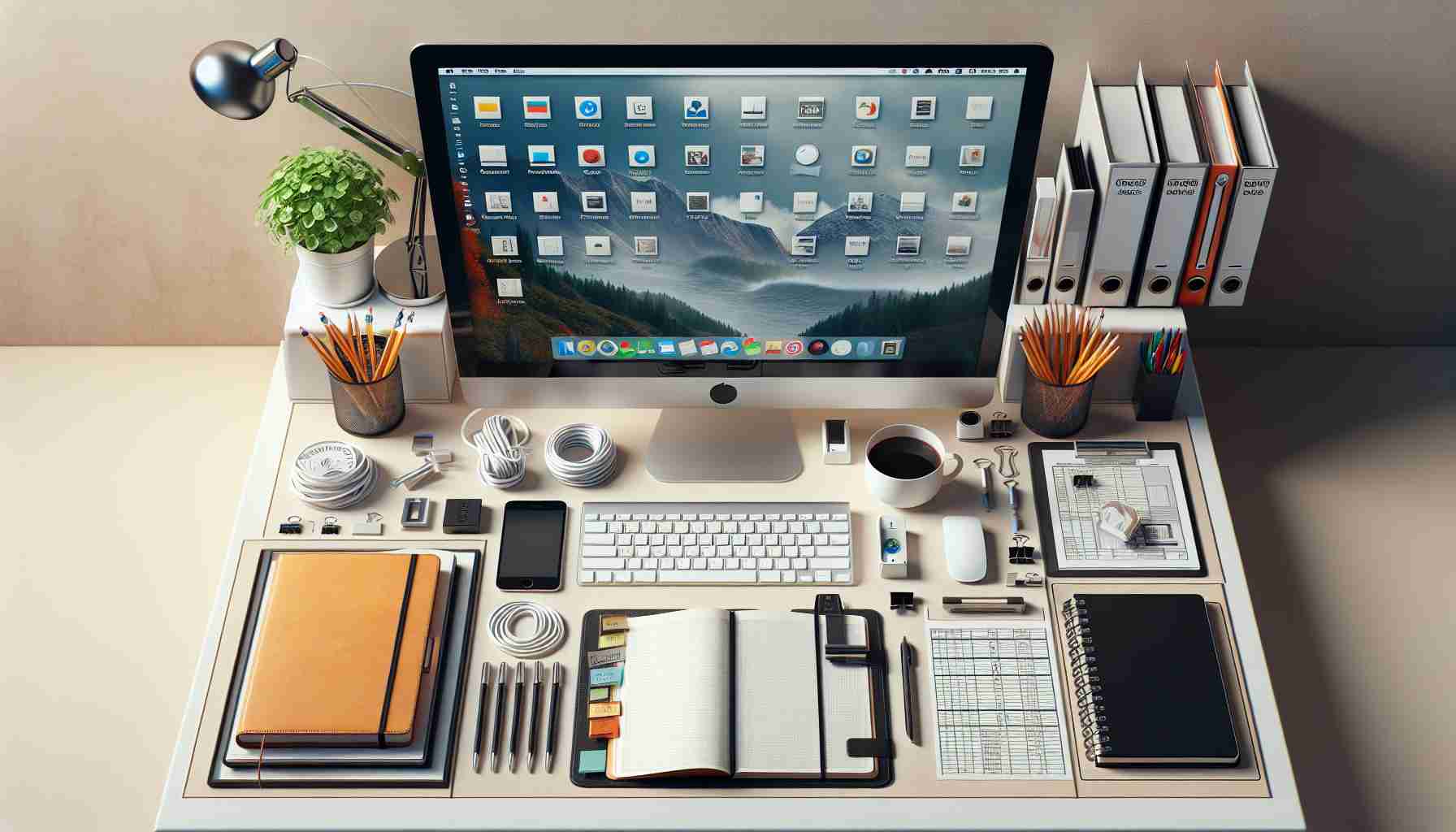 Create a lifelike high-definition image representing an organized desktop. On the desk include objects commonly used in offices such as a computer with neatly arranged icons on the screen, a notebook placed systematically, pens and pencils gathered in a holder, documents categorized and stacked orderly in a paper tray. Also, picture a neatly coiled charger, a clean coffee mug resting on a coaster, and a desk plant placed for aesthetic appeal and air purification. The entire scene should emit efficiency and tidiness.