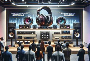 A highly detailed, realistic image depicting premium audio gear on display, set against the backdrop of an exciting sales environment. The gear includes high-end headphones, state-of-the-art speakers, and advanced audio interfaces, exuding quality and sophistication. The setting is a modern electronics store with signs announcing great deals, appealing to tech enthusiasts. Add to the scene customers of mixed gender and various descents such as Caucasian, Black, Hispanic and South Asian, viewing and interacting with the products, conveying their interest and enthusiasm.