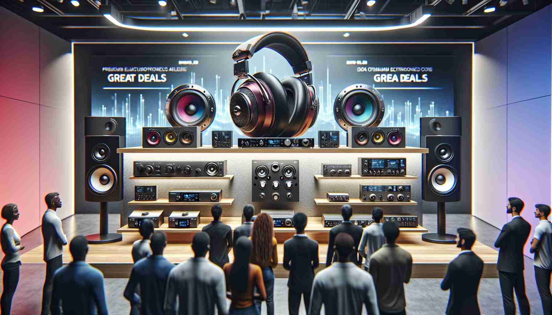 A highly detailed, realistic image depicting premium audio gear on display, set against the backdrop of an exciting sales environment. The gear includes high-end headphones, state-of-the-art speakers, and advanced audio interfaces, exuding quality and sophistication. The setting is a modern electronics store with signs announcing great deals, appealing to tech enthusiasts. Add to the scene customers of mixed gender and various descents such as Caucasian, Black, Hispanic and South Asian, viewing and interacting with the products, conveying their interest and enthusiasm.