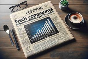 High-definition, realistic image of a newspaper headline that reads 'Tech Company Surpasses Projections with Impressive Growth', with the accompanying article text blurred out. Include a chart showing a steady upward trend in profits, symbolizing the company's business success. The newspaper is on a wooden surface, placed next to a cup of steaming coffee and a pair of spectacles.