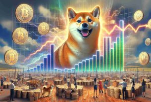 A realistic, high-resolution landscape image illustrating the concept of a sudden increase in popularity of Shiba Inu dogs affecting an abstract representation of a meme coin market. Maybe lines of graphs and charts showing a surge and numbers increasing, and metaphorical elements such as a giant Shiba Inu looming over a bustling marketplace filled with coins, with reactions of surprise and bewilderment from the people in the market.