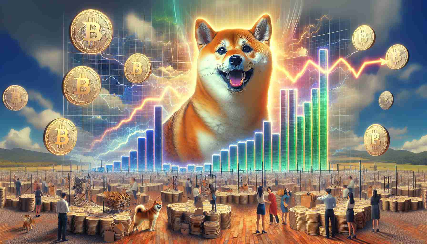 A realistic, high-resolution landscape image illustrating the concept of a sudden increase in popularity of Shiba Inu dogs affecting an abstract representation of a meme coin market. Maybe lines of graphs and charts showing a surge and numbers increasing, and metaphorical elements such as a giant Shiba Inu looming over a bustling marketplace filled with coins, with reactions of surprise and bewilderment from the people in the market.