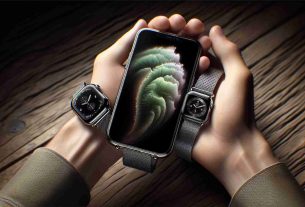 A highly detailed and realistic HD photo showcasing an embracing coordinated aesthetic with an advanced smartphone of elegant design, akin to a top-tier iPhone model, and a sophisticated wristwatch made of titanium, bearing a resemblance with an Apple Watch.