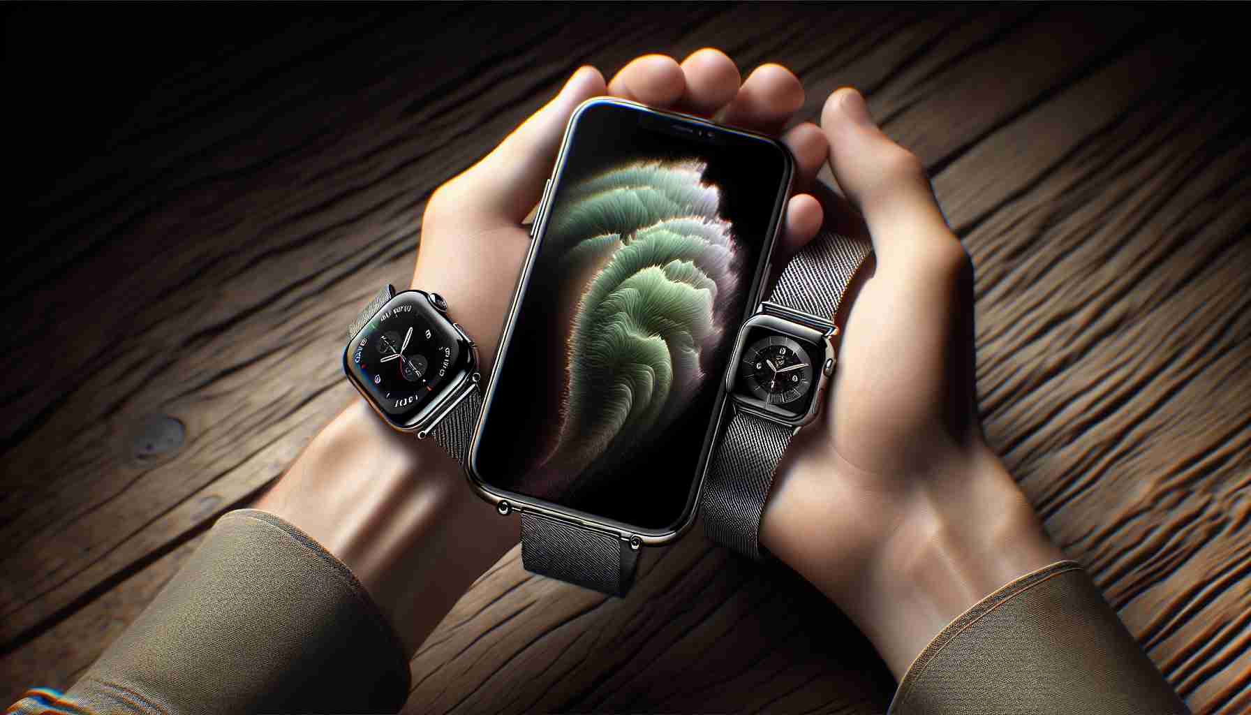 A highly detailed and realistic HD photo showcasing an embracing coordinated aesthetic with an advanced smartphone of elegant design, akin to a top-tier iPhone model, and a sophisticated wristwatch made of titanium, bearing a resemblance with an Apple Watch.