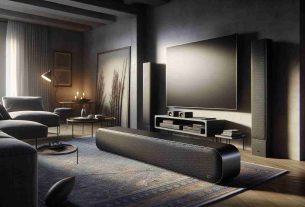 An HD quality photo showcasing a realistic rendition of an ultimate home sound system which includes a sleek, modern sound bar inspired by the design aesthetics of the Sonos Arc Ultra. The depicted sound system sits gracefully in a carefully composed living room setting that features a flat-screen TV unit, a comfortable couch, a coffee table and subtly atmospheric ambient lighting. The sound bar itself is depicted as a stylish device with streamlined design, high-end technology, and impressive sound emission capabilities.