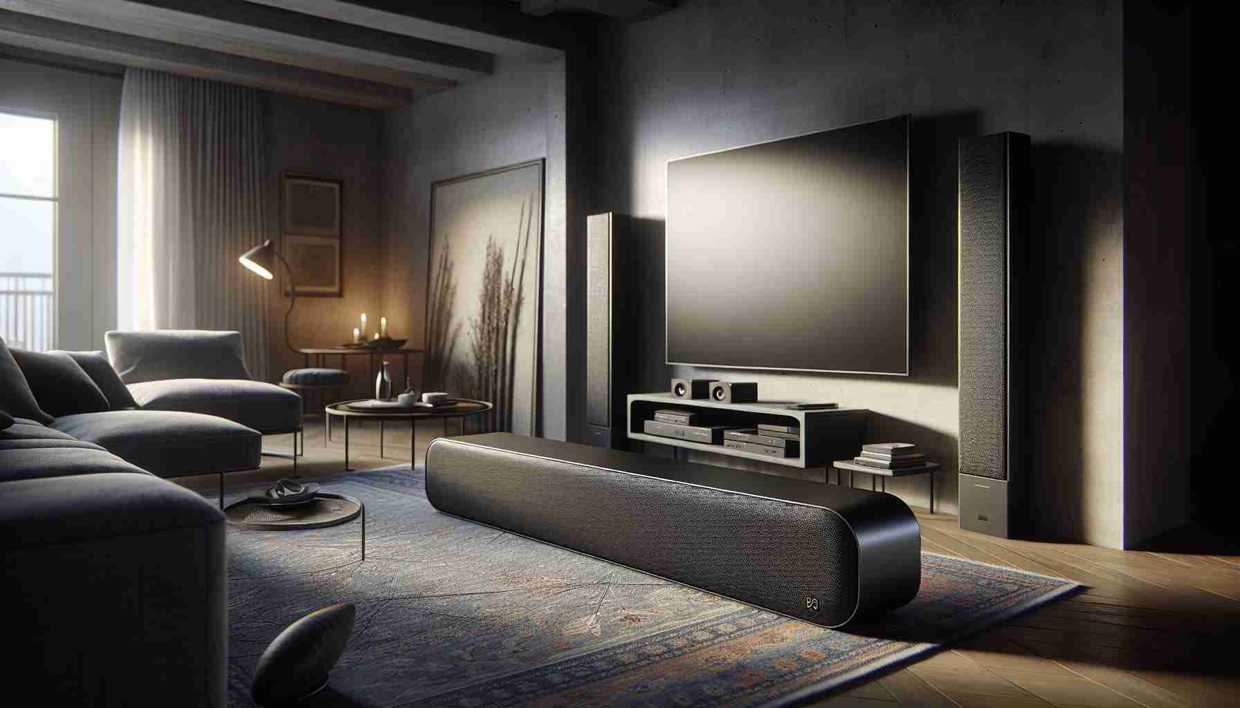 An HD quality photo showcasing a realistic rendition of an ultimate home sound system which includes a sleek, modern sound bar inspired by the design aesthetics of the Sonos Arc Ultra. The depicted sound system sits gracefully in a carefully composed living room setting that features a flat-screen TV unit, a comfortable couch, a coffee table and subtly atmospheric ambient lighting. The sound bar itself is depicted as a stylish device with streamlined design, high-end technology, and impressive sound emission capabilities.