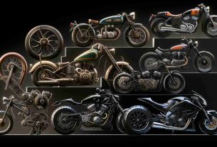 Generate a high-definition, realistic image showcasing the evolution of modern urban motorcycles. Beginning with the earliest models characterized by their simplicity and ruggedness and moving step-wise through the gradual technological enhancements, modifications and styles. Include the eclectic designs of the mid-20th century, advancements in aerodynamics, introduction of new materials and ergonomic considerations, all the way to the sleek, streamlined designs of the present day.