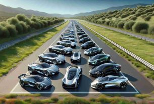 An ultra high-resolution, photorealistic image showcasing the evolution of electric sports cars. Start from the early prototypes with the large, basic shapes and finishes, gradually developing through sleek, efficient, and modern designs. These cars should be displayed in chronological order, presented on a smooth tarmac road winding through a verdant landscape under a clear blue sky. For diversity, each car is driven by women and men of various descents including Caucasian, Hispanic, Black, Middle-Eastern and South Asian.