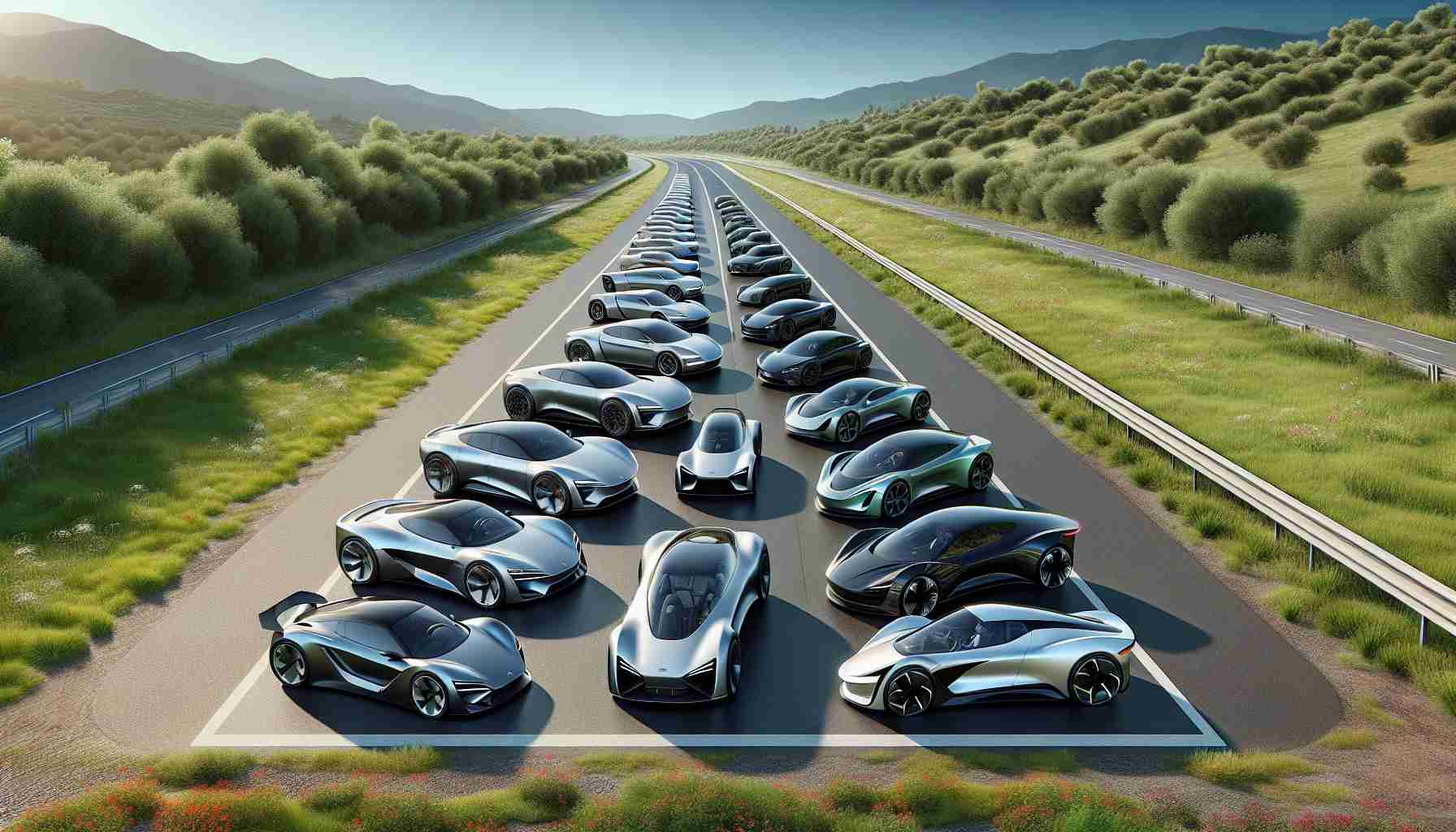 An ultra high-resolution, photorealistic image showcasing the evolution of electric sports cars. Start from the early prototypes with the large, basic shapes and finishes, gradually developing through sleek, efficient, and modern designs. These cars should be displayed in chronological order, presented on a smooth tarmac road winding through a verdant landscape under a clear blue sky. For diversity, each car is driven by women and men of various descents including Caucasian, Hispanic, Black, Middle-Eastern and South Asian.