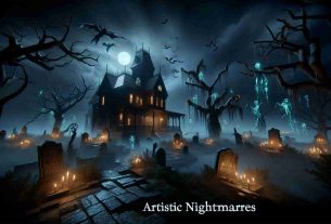 High-definition, photorealistic image showcasing a new virtual horror experience. The scene illustrates the concept: 'Artistic Nightmares'. It is night-time with eerie lighting, and it depicts various spooky elements like a haunted house, creepy trees, and mysterious shadows. The viewer should get the feeling like they are immersed in a virtual reality horror game with atmospheric, spine-chilling elements around them.