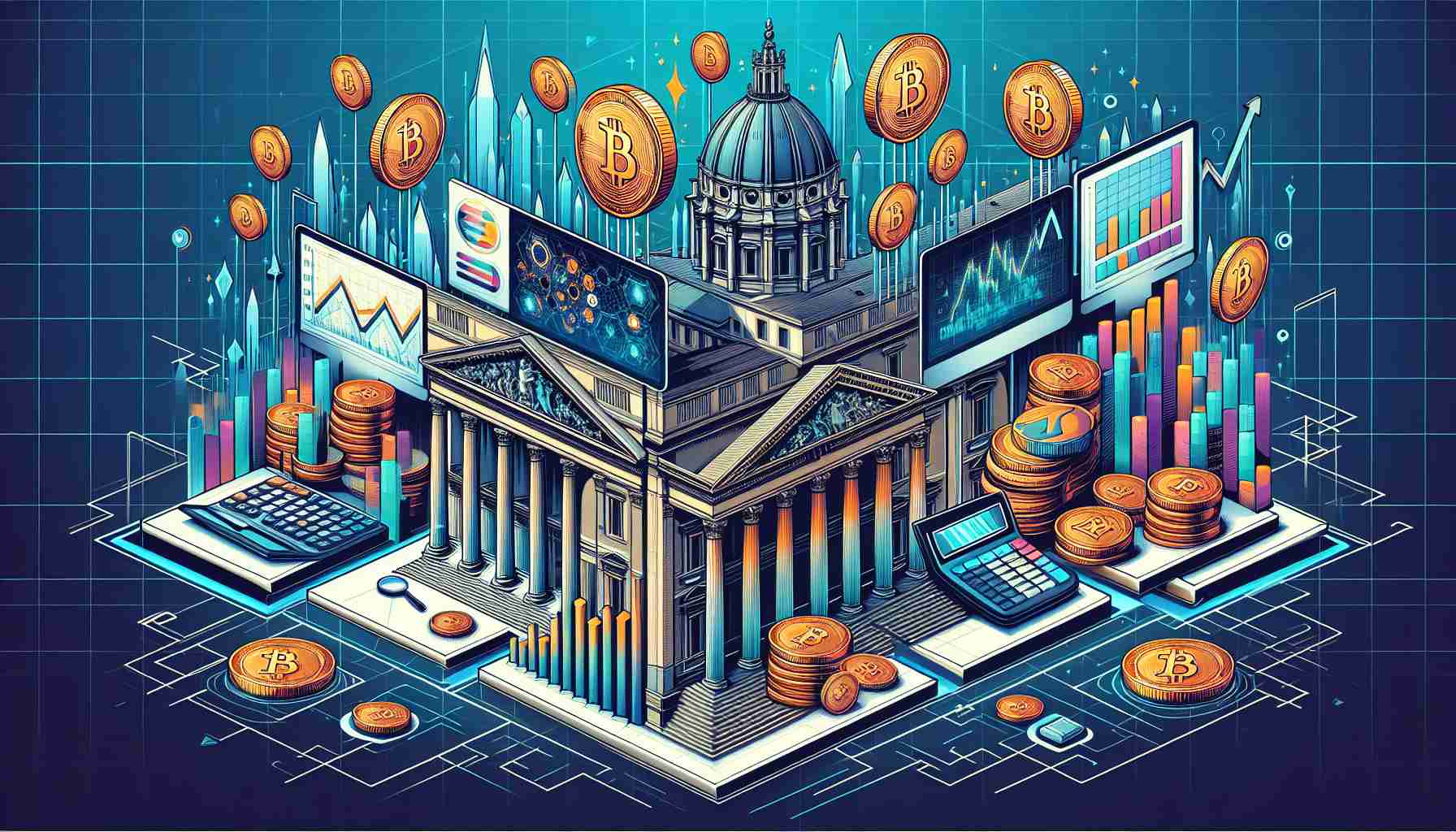 Illustrate a high-definition, realistic image that symbolizes fiscal transformation, specifically within the realm of cryptocurrency. This should take inspiration from Italian architecture or similar cultural imagery. Include elements such as digital coins, computer screens displaying charts, and some tax related symbols, like a calculator or tax forms. Ensure to avoid specifics and instead focus on the broader idea of a tax overhaul in the context of digital currency in Italy.