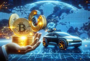 Generate a realistic HD image representing a well-known electric car manufacturer making a groundbreaking decision involving a digital cryptocurrency illustrated as physical golden coins, against a global backdrop symbolizing expanding markets.