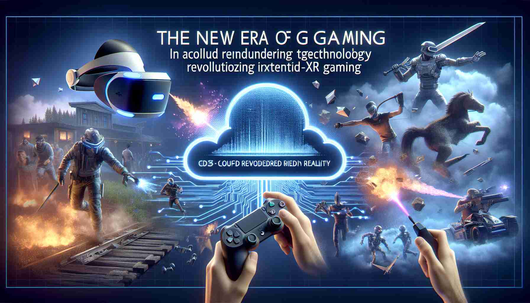 An image showcasing the new era of gaming, specifically, Extended Reality (XR). This should be highly realistic and clear, indicating that it's in high definition. The key focus is on cloud rendering technology revolutionizing XR gaming. Ideal to include an immersive VR headset, hand controllers, and a visualization of cloud with data streaming. Also, illustrate a complex game scene being rendered in real-time, showcasing the game's graphics, characters and surroundings. It should highlight the power and potential of cloud-powered gaming in XR environment.