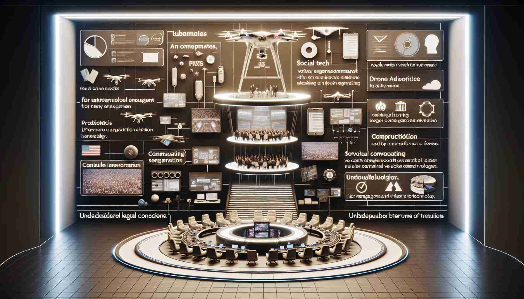 A detailed scene of an unidentifiable tech entrepreneur's unconventional voter engagement strategy, shown as a multitude of components that might raise questions about its legality. Could include elements such as a sleek, futuristic setup with many screens for social media analysis, high tech communication devices, unconventional methods for rallying support like drone advertising and virtual town hall meetings, and subtly placed potential legal concerns such as undecided boundaries between personal and campaign use of technology.