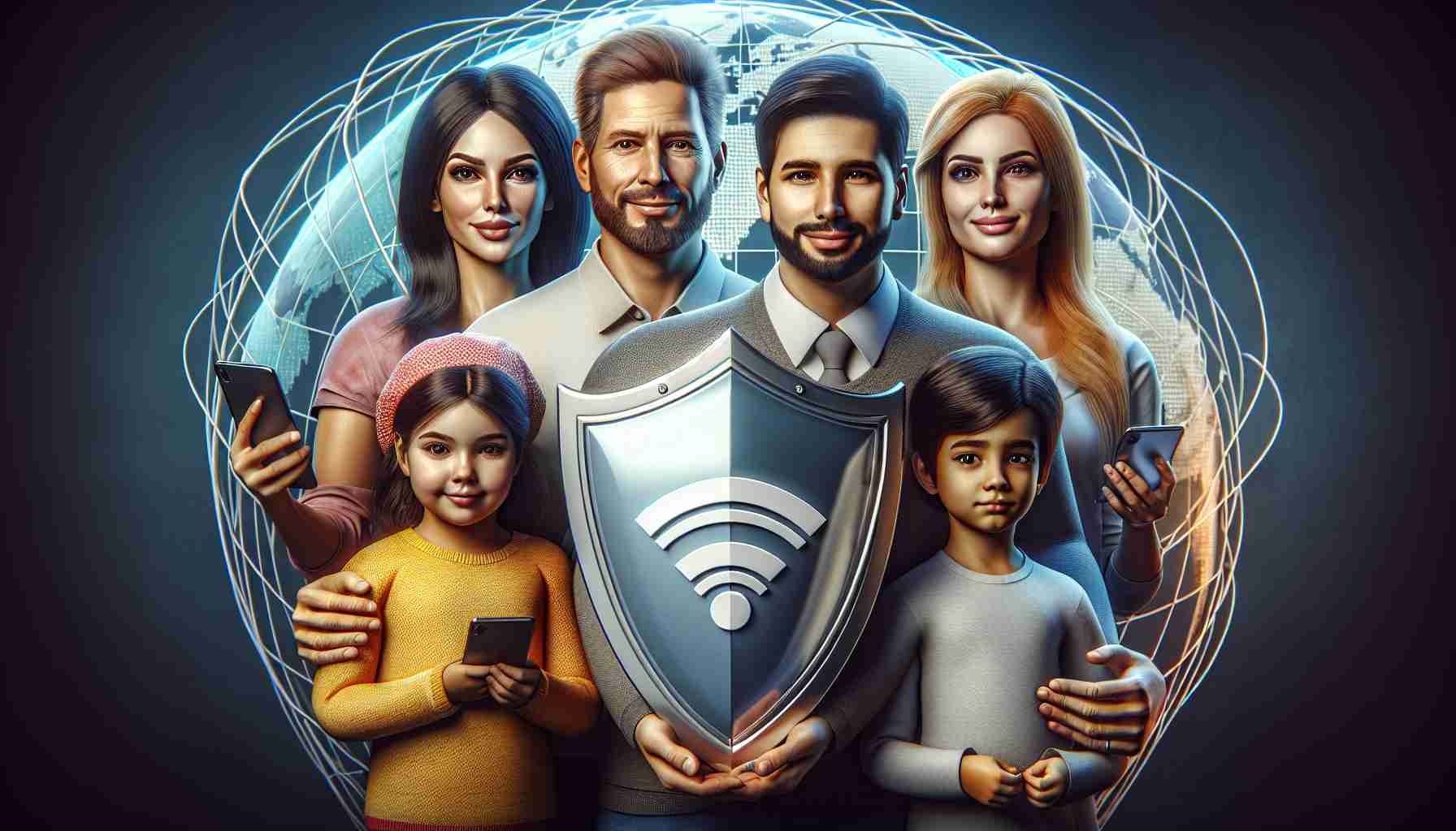 Realistic high definition image showcasing a concept of family safety, symbolized by a cellular network provider's protective shield, placed over a depiction of a diverse family consisting of a Caucasian father, a Hispanic mother, a Middle-Eastern daughter, and a South Asian son, all looking assured and secure.