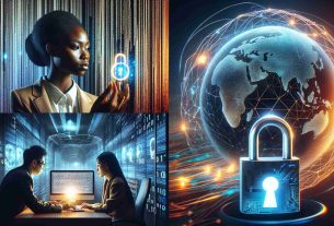 Generate a realistic high-definition image that visualizes the concept of exploring the future of digital privacy. It could incorporate visual metaphors such as a woman of African descent in business attire sifting through streams of binary code, a spherical projection in the background displaying a world map where glowing lines signify Internet traffic, and a secure lock representing encryption seen at the forefront. In another side, an Asian man in casual wear is seen working on a computer with a holographic screen displaying clauses of privacy policies.