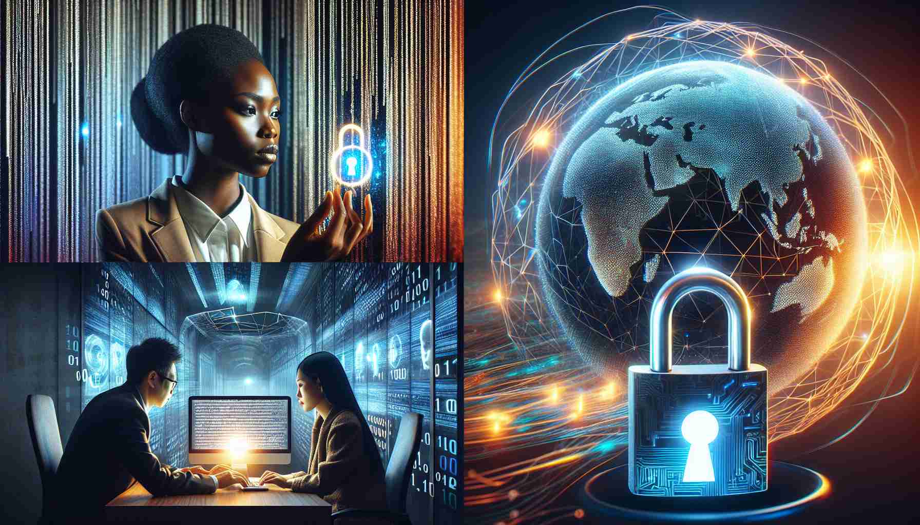 Generate a realistic high-definition image that visualizes the concept of exploring the future of digital privacy. It could incorporate visual metaphors such as a woman of African descent in business attire sifting through streams of binary code, a spherical projection in the background displaying a world map where glowing lines signify Internet traffic, and a secure lock representing encryption seen at the forefront. In another side, an Asian man in casual wear is seen working on a computer with a holographic screen displaying clauses of privacy policies.