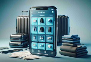 Render a realistic high-definition image depicting an innovative packing application designed to streamline your travel preparation. Show the application's interface displayed on a sleek modern phone, neatly organizing essentials for travel. Visual elements should include categories like clothes, toiletries, essentials, and reminders for things like tickets and passports, all displayed in an easy-to-understand layout. The background should reflect an eager traveler's setting, perhaps a suitcase and some already packed items scattered around suggesting imminent travel.