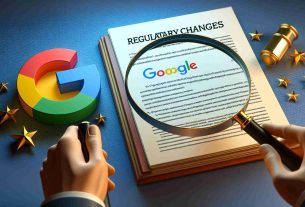 Create a high-definition and realistic depiction of a legal document titled 'Regulatory Changes' with a magnifying glass carefully inspecting specific sections, and the Google logo subtly visible in the backdrop for context