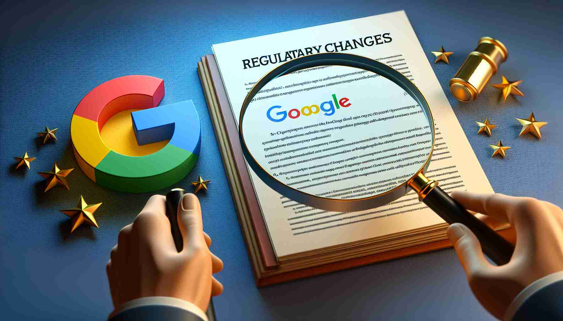 Create a high-definition and realistic depiction of a legal document titled 'Regulatory Changes' with a magnifying glass carefully inspecting specific sections, and the Google logo subtly visible in the backdrop for context