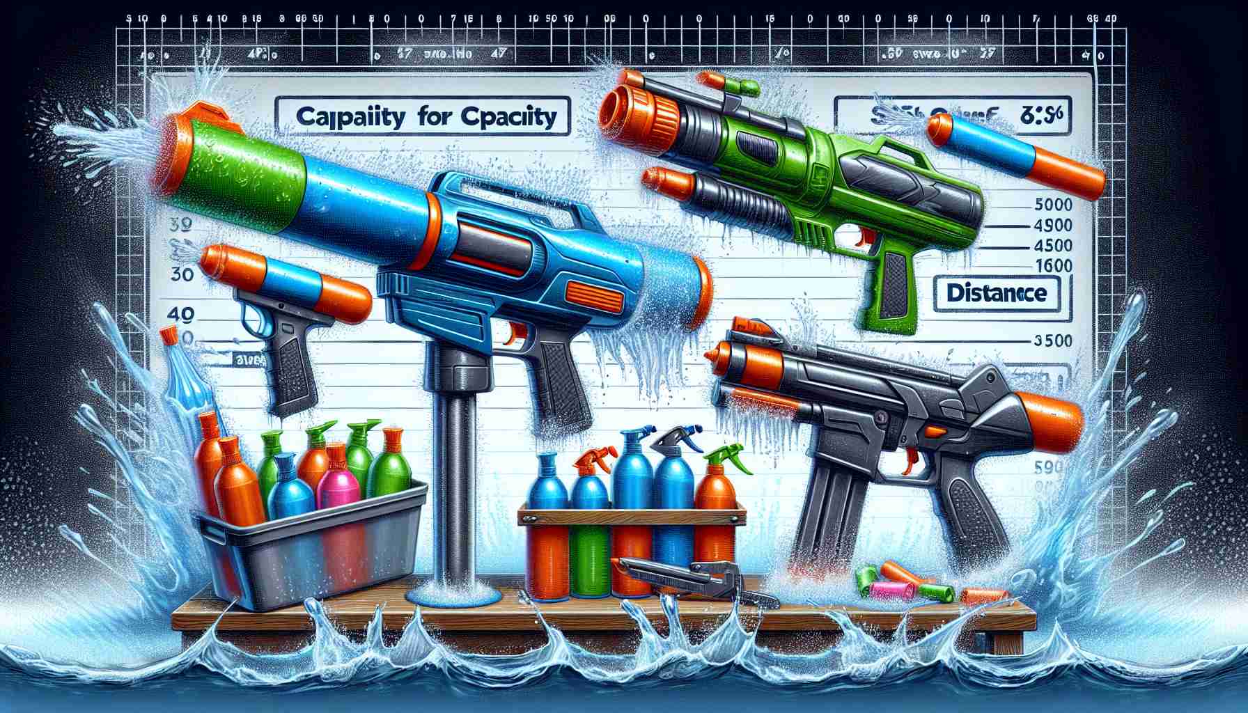 Generate a realistic high-definition image that depicts a scene of water guns being tested. Include three different types of water guns, with various design and color. They are tested for capacity, soak factor, and distance. One should be half-full to show capacity, another fully pumped to show the soak factor, while the third one should be angled upwards to indicate testing for distance. Also, include splash of water to illustrate the action. Behind the water guns should be a measurement scale to provide context to the experiments.