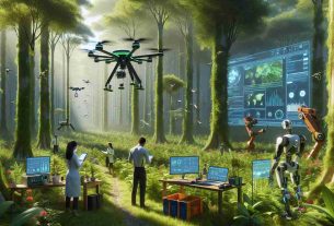 Imagine a high-definition, realistic scene which showcases the process of revolutionizing forest management with cutting-edge technology. We're deep in a lush, green forest with towering trees and thick underbrush. Humans and advanced machinery work in harmony: a scientist, a Hispanic woman, uses a drone to map the forest cover while a biologist, a Black man, uses sensors and monitors displaying real-time data about the forest's health. A South Asian woman operates a robotic arm that plants saplings and an android, controlled by a Middle-Eastern man, assists in monitoring wildlife activities. It's a serene, efficient scene of technology helping humanity care for nature.