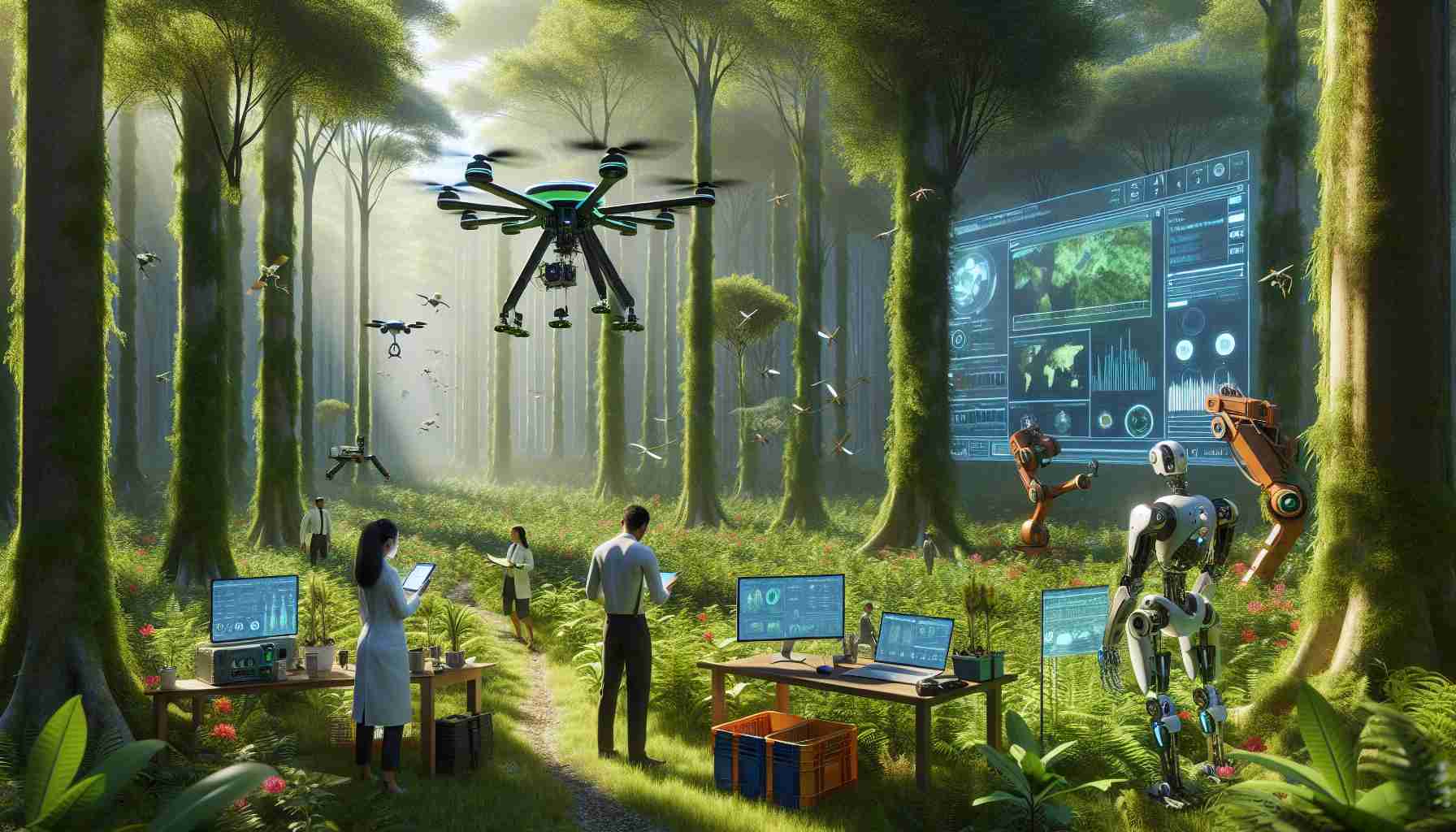 Imagine a high-definition, realistic scene which showcases the process of revolutionizing forest management with cutting-edge technology. We're deep in a lush, green forest with towering trees and thick underbrush. Humans and advanced machinery work in harmony: a scientist, a Hispanic woman, uses a drone to map the forest cover while a biologist, a Black man, uses sensors and monitors displaying real-time data about the forest's health. A South Asian woman operates a robotic arm that plants saplings and an android, controlled by a Middle-Eastern man, assists in monitoring wildlife activities. It's a serene, efficient scene of technology helping humanity care for nature.