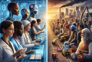 A high definition, realistic image representing the impact of artificial intelligence on our society. The scene should depict people from various descents using technology with signs of AI, like advanced computers and robots. One side of the image portrays the advantages, with people in occupational settings (a Black female doctor using AI for diagnoses, a Middle-Eastern male scientist developing new tech, a South Asian female teacher using AI tools for education, a Caucasian male farmer using AI for efficient agriculture). The other side should show the challenges, like job automation or privacy concerns.