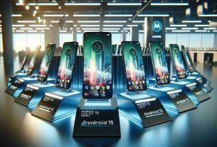 Generate an image depicting a series of new Motorola phones, realistically designed and high definition. These phones are displayed with their screens brightly lit up, showing they are running on Android 15 Update. The setting is a well-lit, modern tech showroom environment where these phones are being unveiled. The overall image should represent the excitement and anticipation of new technology releases.