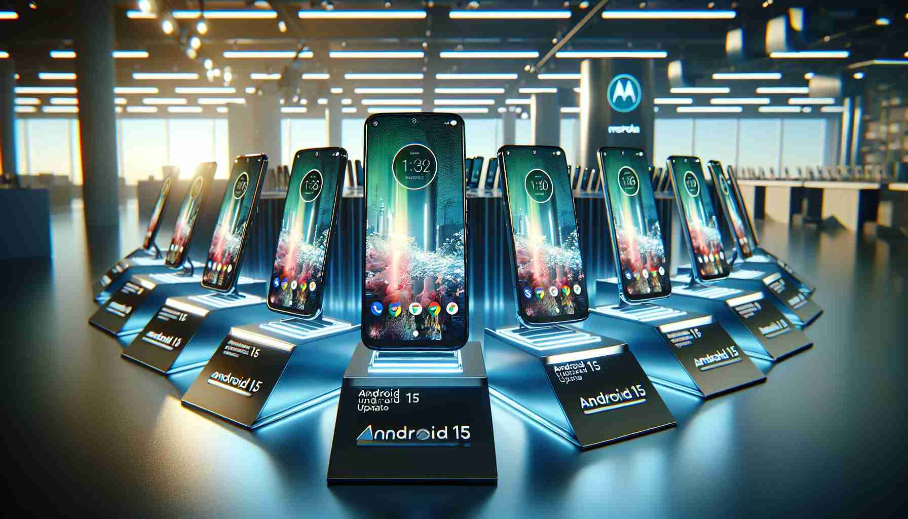 Generate an image depicting a series of new Motorola phones, realistically designed and high definition. These phones are displayed with their screens brightly lit up, showing they are running on Android 15 Update. The setting is a well-lit, modern tech showroom environment where these phones are being unveiled. The overall image should represent the excitement and anticipation of new technology releases.