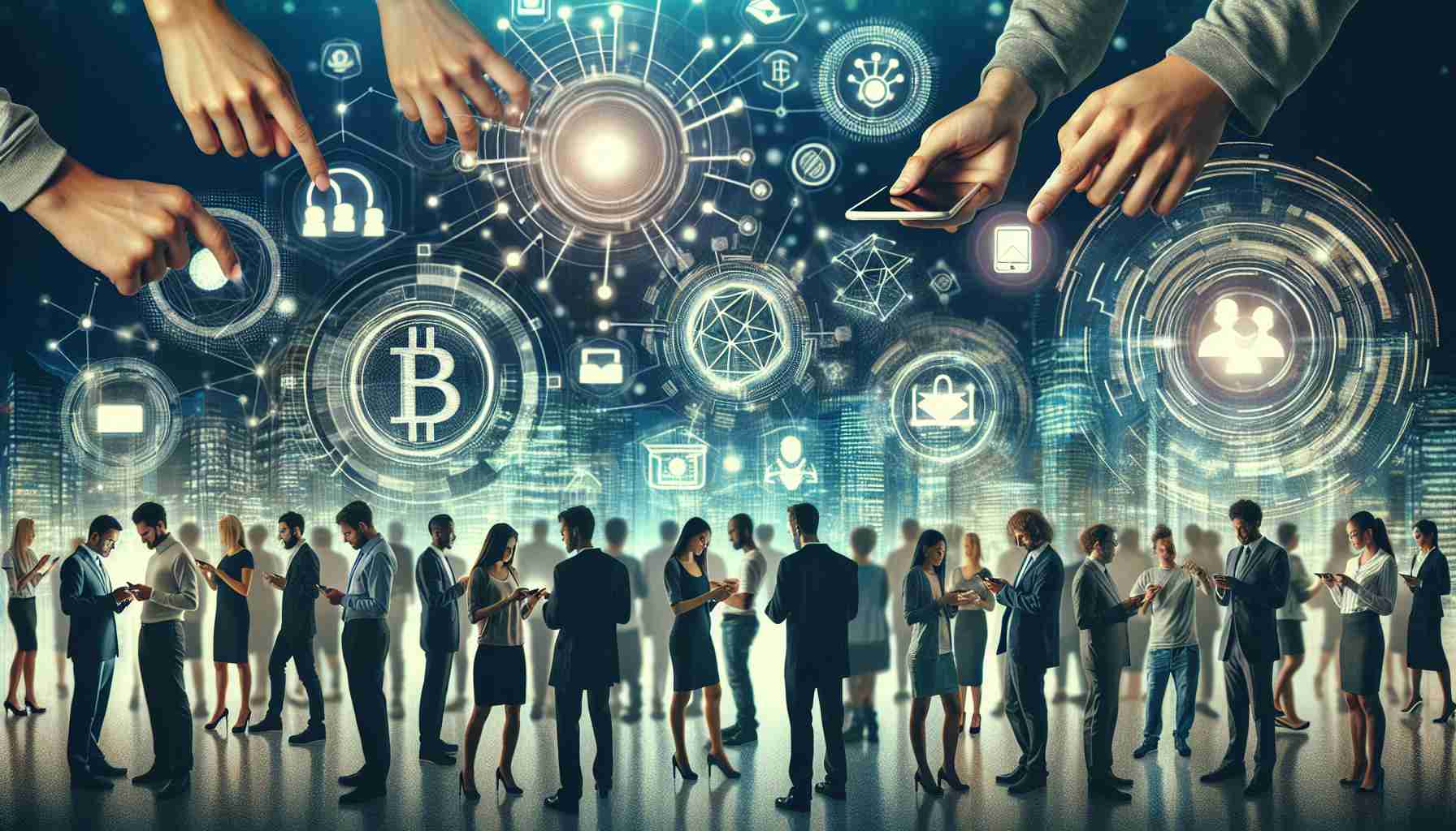 A realistic high-definition image that embodies the concept of enhancing financial empowerment through innovative technology. Show a diverse group of people, of various descents and genders, using advanced digital solutions for banking and finance. They could be interacting with futuristic holographic interfaces, using cryptocurrency wallets, investing in digital assets or using mobile banking apps on their smartphones. The atmosphere should convey a sense of inclusivity, growth and progress, showcasing the potential of technology to democratize financial opportunities for all.