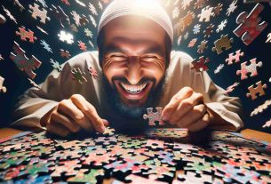 An ultra high-definition, realistic image showing the pure joy experienced while solving puzzles. The main focus should be a person of Middle-Eastern descent engrossed in assembling a complex, vibrant jigsaw puzzle. Their face should be lit up with sheer excitement and concentration, their eyes sparkling with determination. The puzzle pieces around them should be scattered yet arranged in a swirling pattern, a testament to the challenge they're undertaking. Effective use of lighting should illuminate the joy and satisfaction derived from puzzle-solving.