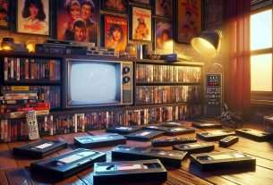 An extremely detailed and high-definition image displaying the resurgence of VHS. The scene is set in a retro ambiance full of nostalgia. Featured prominently is a collection of VHS tapes, some of which are being inserted into a VCR. There are also various artifacts from the era of VHS, including a tube television, a remote with oversized buttons, and classic movie posters adorning the room's walls. The setting is cozy and atmospheric, with warm lighting that reflects off the shiny VHS cases. The whole scene should radiate a sense of bygone days revived with fond recollections.