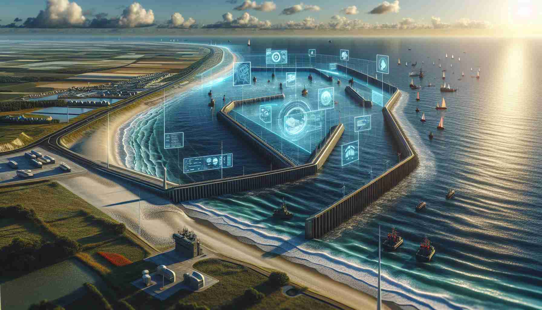 An illustration of a new coastal defense strategy presented realistically in high-definition. The viewpoint shows a panoramic scene of a coastline. Details include potential defense structures, such as seawalls, breakwaters, and tidal barriers, strategically placed along the coast, potentially with markings or signs to indicate their specific roles or functions. Advanced technologies such as radar systems or unmanned surveillance drones might be visible, monitoring the coastal region. Natural elements such as the shore, the sea with moderate waves, and perhaps a setting sun in the background could be included for a holistic view of the scenario.